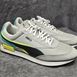 Puma Men’s Light Gray Sneakers with Black, Neon Yellow & Teal Details